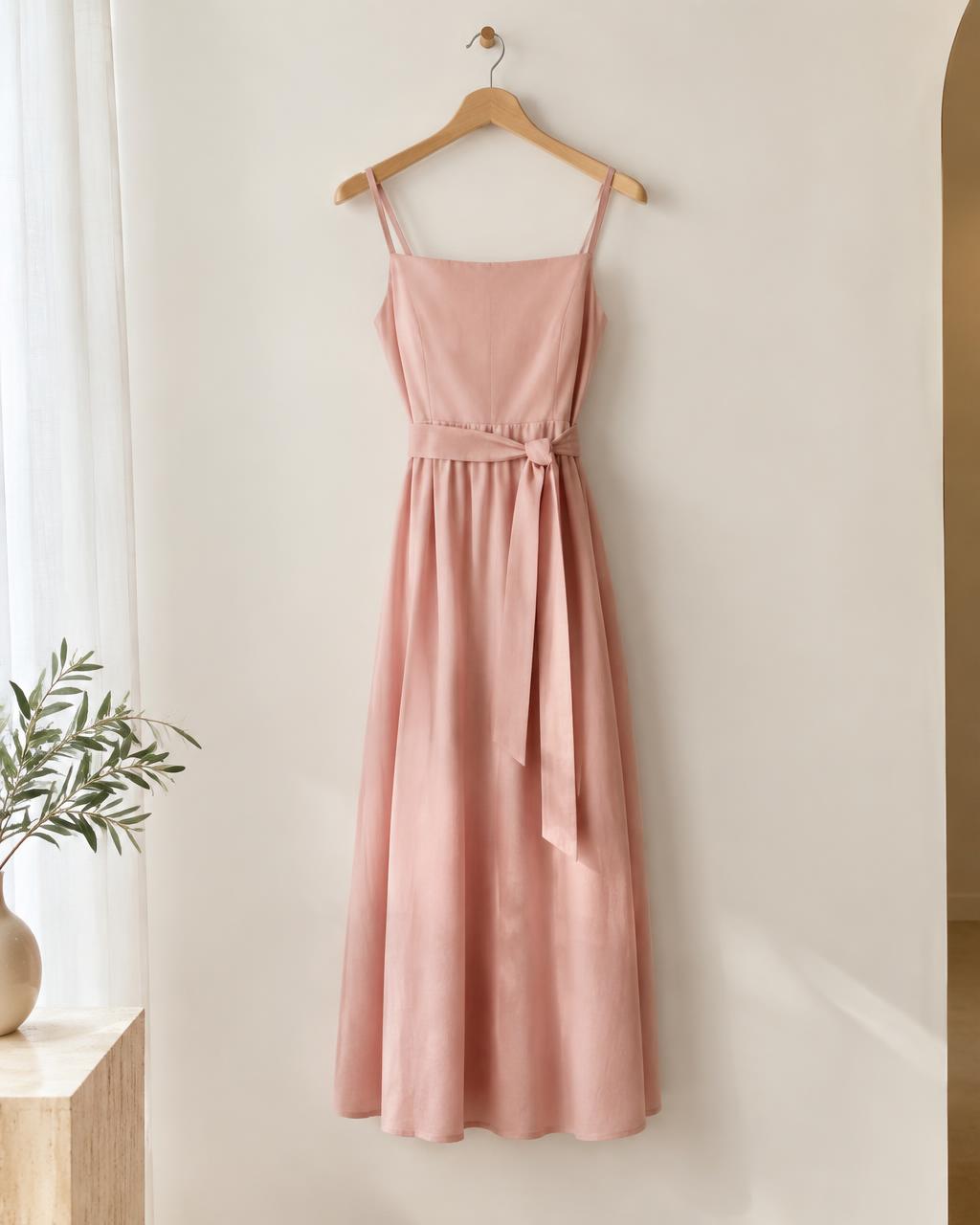 Vestido midi rosa em cabide