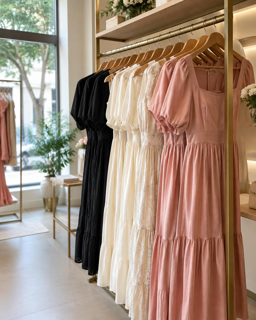 Arara com vestidos femininos em tons rosa, claro e preto